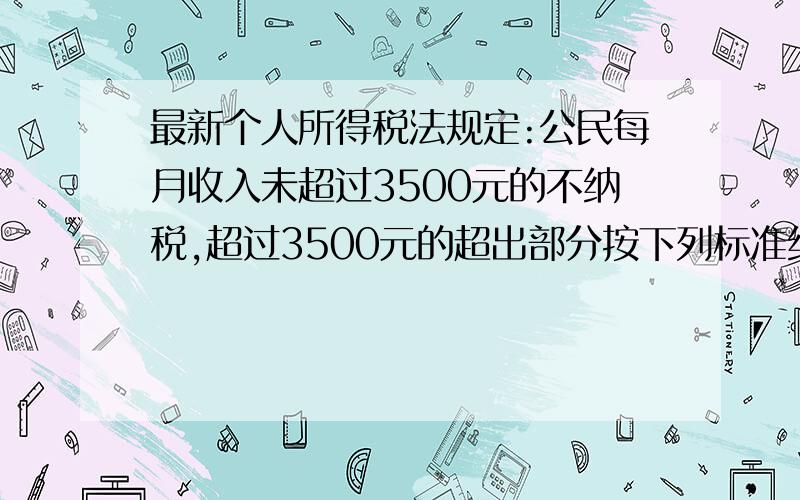 最新个人所得税法规定:公民每月收入未超过3500元的不纳税,超过3500元的超出部分按下列标准纳税.