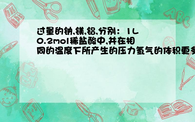 过量的钠,镁,铝,分别：1L0.2mol稀盐酸中,并在相同的温度下所产生的压力氢气的体积更多