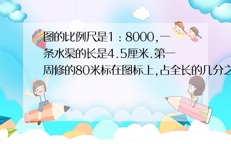 图的比例尺是1：8000,一条水渠的长是4.5厘米.第一周修的80米标在图标上,占全长的几分之几