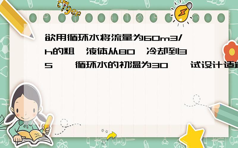 欲用循环水将流量为60m3/h的粗苯液体从80℃冷却到35℃,循环水的初温为30℃,试设计适宜的管壳式换热器.