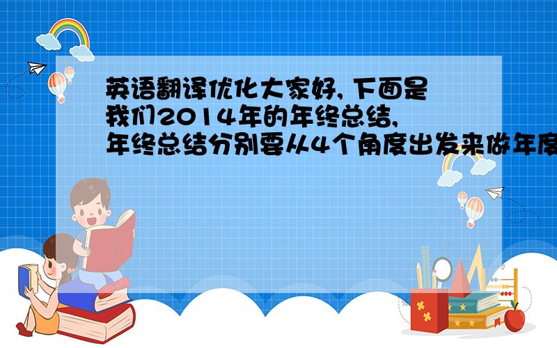 英语翻译优化大家好, 下面是我们2014年的年终总结, 年终总结分别要从4个角度出发来做年度总结,分别为（Accompl