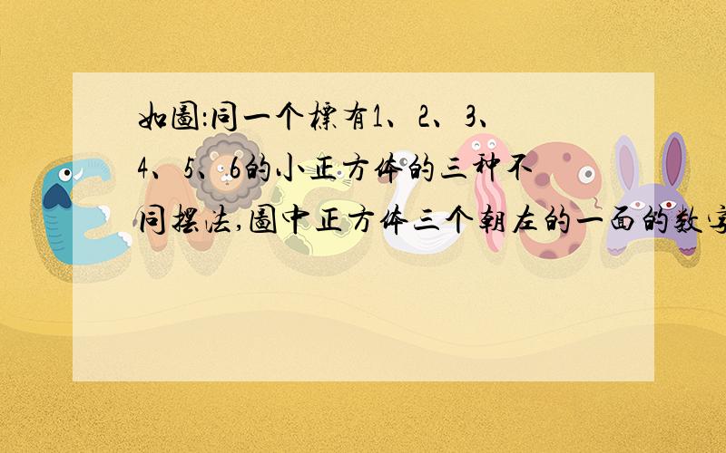 如图：同一个标有1、2、3、4、5、6的小正方体的三种不同摆法,图中正方体三个朝左的一面的数字之积是多少?