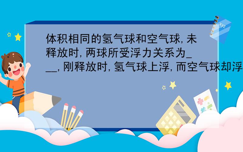 体积相同的氢气球和空气球,未释放时,两球所受浮力关系为___,刚释放时,氢气球上浮,而空气球却浮不