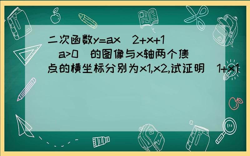 二次函数y=ax^2+x+1(a>0）的图像与x轴两个焦点的横坐标分别为x1,x2,试证明（1+x1)(1+x2)=1