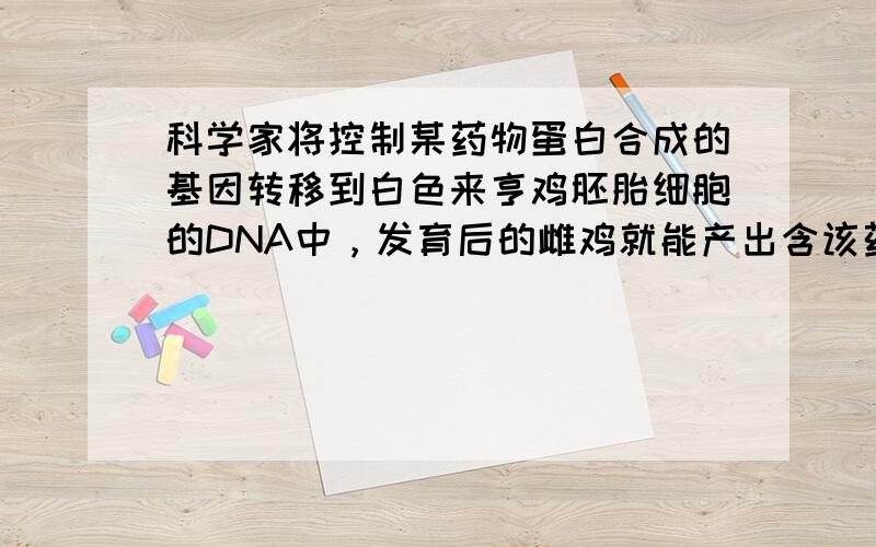 科学家将控制某药物蛋白合成的基因转移到白色来亨鸡胚胎细胞的DNA中，发育后的雌鸡就能产出含该药物蛋白的鸡蛋，在每一只鸡蛋