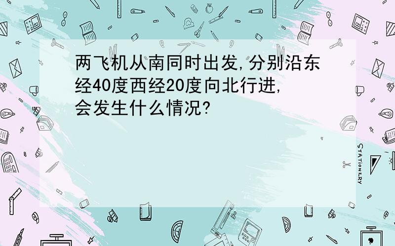 两飞机从南同时出发,分别沿东经40度西经20度向北行进,会发生什么情况?