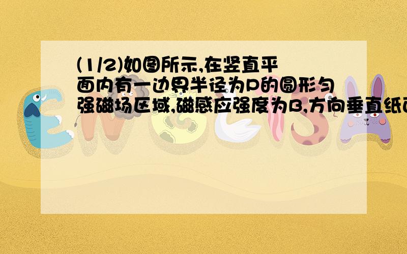 (1/2)如图所示,在竖直平面内有一边界半径为P的圆形匀强磁场区域,磁感应强度为B,方向垂直纸面向里,...