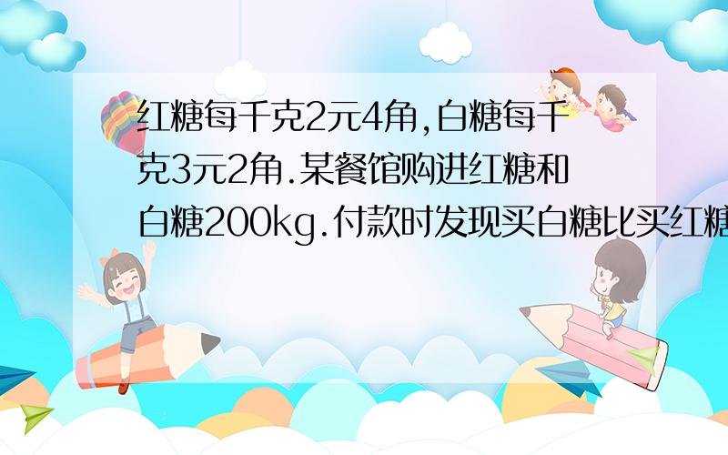 红糖每千克2元4角,白糖每千克3元2角.某餐馆购进红糖和白糖200kg.付款时发现买白糖比买红糖多用220元.