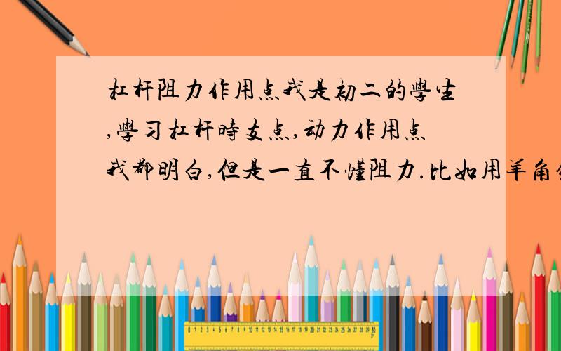 杠杆阻力作用点我是初二的学生,学习杠杆时支点,动力作用点我都明白,但是一直不懂阻力.比如用羊角锤扳钉子,支点在钉子与其接