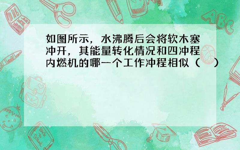 如图所示，水沸腾后会将软木塞冲开，其能量转化情况和四冲程内燃机的哪一个工作冲程相似（　　）