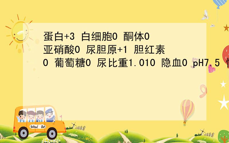 蛋白+3 白细胞0 酮体0 亚硝酸0 尿胆原+1 胆红素0 葡萄糖0 尿比重1.010 隐血0 pH7.5 惟C 0