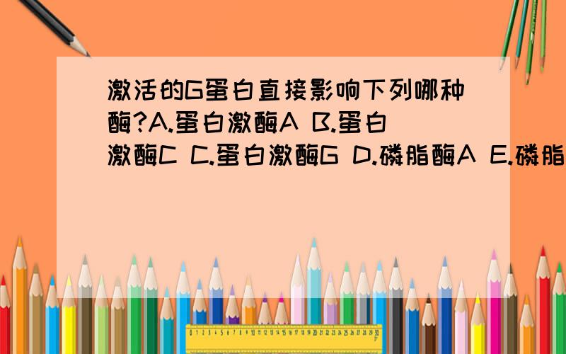 激活的G蛋白直接影响下列哪种酶?A.蛋白激酶A B.蛋白激酶C C.蛋白激酶G D.磷脂酶A E.磷脂酶C