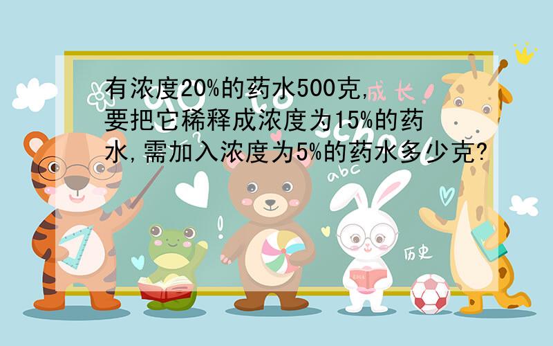 有浓度20%的药水500克,要把它稀释成浓度为15%的药水,需加入浓度为5%的药水多少克?