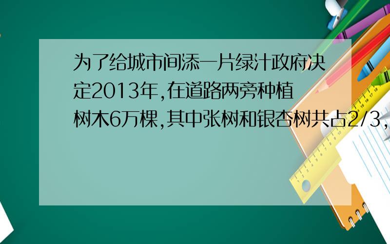 为了给城市间添一片绿汁政府决定2013年,在道路两旁种植树木6万棵,其中张树和银杏树共占2/3,张树和银杏树的棵数比是三