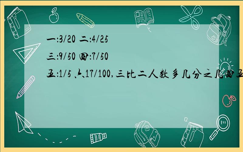 一：3/20 二：4/25 三：9/50 四：7/50 五：1/5 六17/100,三比二人数多几分之几四五六共占人数的