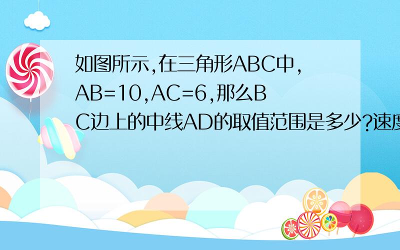 如图所示,在三角形ABC中,AB=10,AC=6,那么BC边上的中线AD的取值范围是多少?速度图自己画下好么