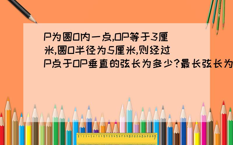 P为圆O内一点,OP等于3厘米,圆O半径为5厘米,则经过P点于OP垂直的弦长为多少?最长弦长为多少?