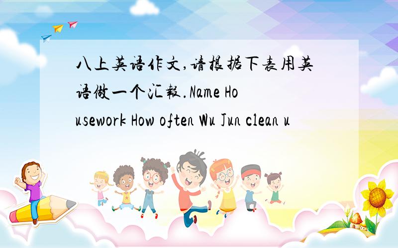 八上英语作文,请根据下表用英语做一个汇报.Name Housework How often Wu Jun clean u