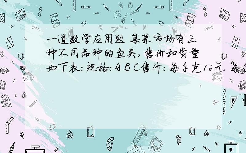 一道数学应用题 某菜市场有三种不同品种的鱼类,售价和货量如下表：规格：A B C售价：每千克12元 每千克15元 每千克