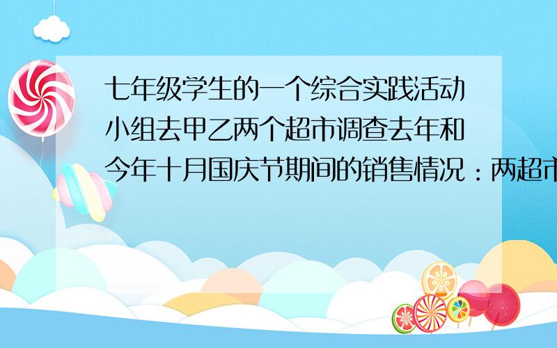 七年级学生的一个综合实践活动小组去甲乙两个超市调查去年和今年十月国庆节期间的销售情况：两超市销售额去年共为150万元，今