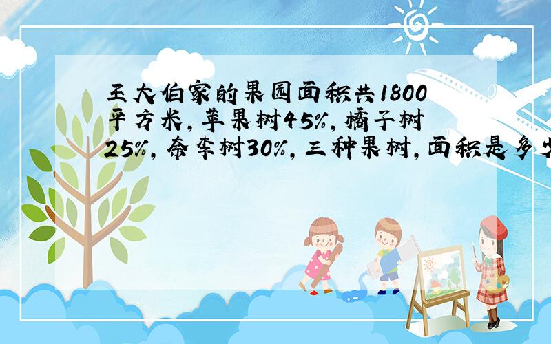 王大伯家的果园面积共1800平方米,苹果树45％,橘子树25％,奈李树30％,三种果树,面积是多少?