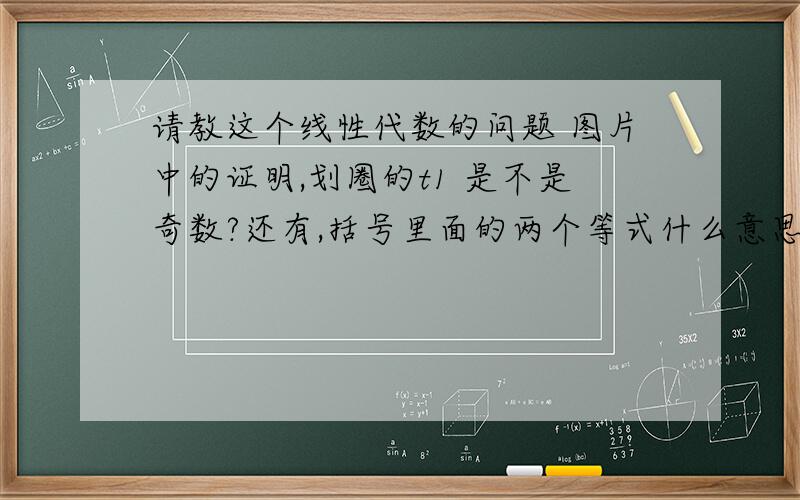 请教这个线性代数的问题 图片中的证明,划圈的t1 是不是奇数?还有,括号里面的两个等式什么意思