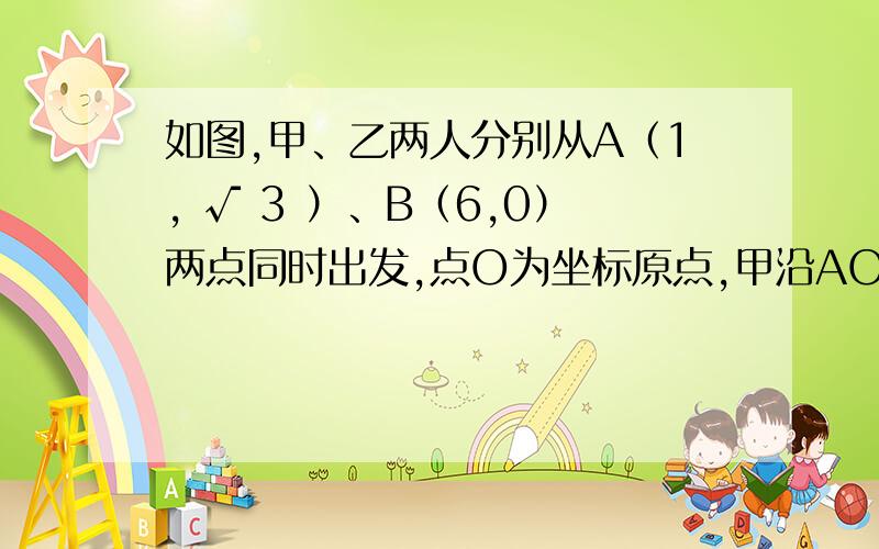 如图,甲、乙两人分别从A（1, √ 3 ）、B（6,0）两点同时出发,点O为坐标原点,甲沿AO方向、乙沿BO方向