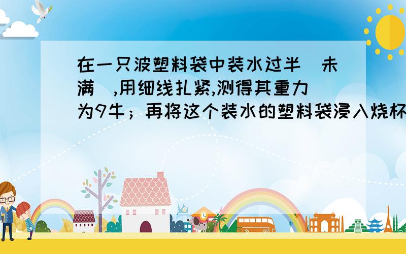 在一只波塑料袋中装水过半（未满）,用细线扎紧,测得其重力为9牛；再将这个装水的塑料袋浸入烧杯的水中 当弹簧测力计示数为6