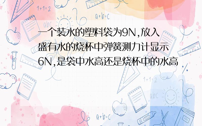 一个装水的塑料袋为9N,放入盛有水的烧杯中弹簧测力计显示6N,是袋中水高还是烧杯中的水高