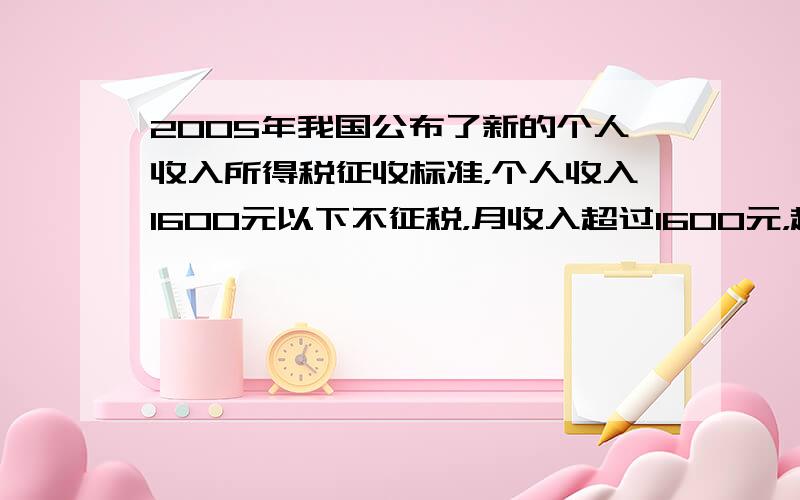 2005年我国公布了新的个人收入所得税征收标准，个人收入1600元以下不征税，月收入超过1600元，超过部分按下面的标准