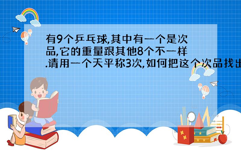 有9个乒乓球,其中有一个是次品,它的重量跟其他8个不一样.请用一个天平称3次,如何把这个次品找出来?