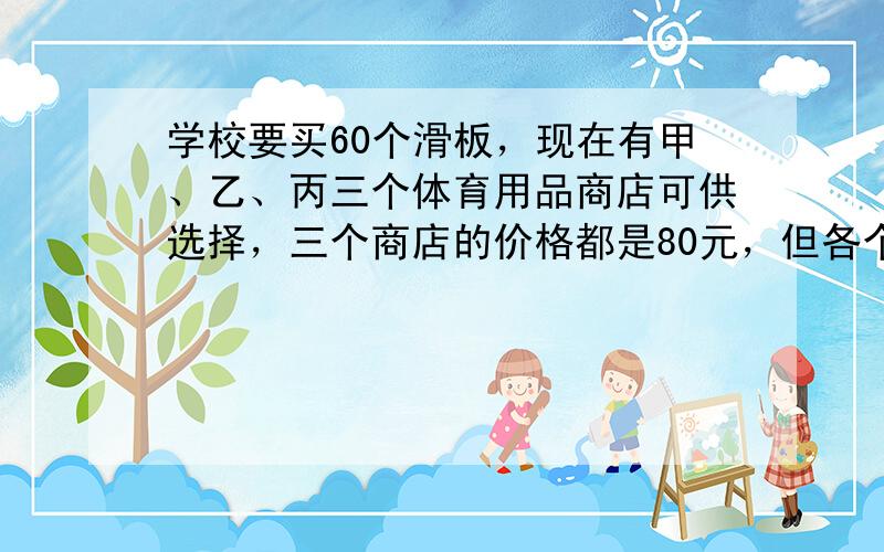 学校要买60个滑板，现在有甲、乙、丙三个体育用品商店可供选择，三个商店的价格都是80元，但各个商店的优惠方法不同．