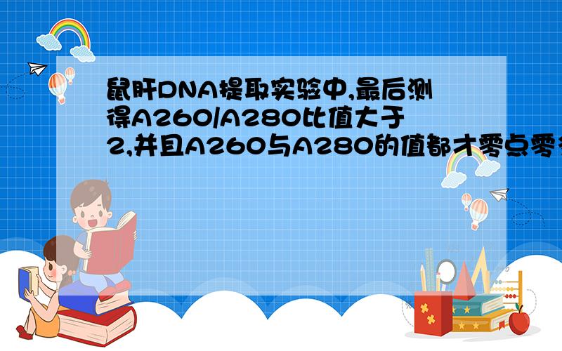 鼠肝DNA提取实验中,最后测得A260/A280比值大于2,并且A260与A280的值都才零点零多,这是什么原因?