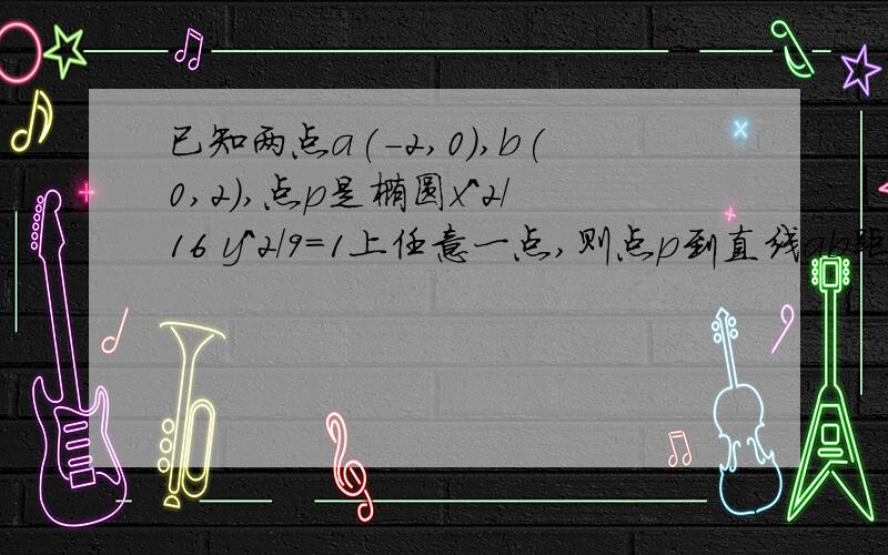 已知两点a(-2,0),b(0,2),点p是椭圆x^2/16 y^2/9=1上任意一点,则点p到直线ab距离的最大值