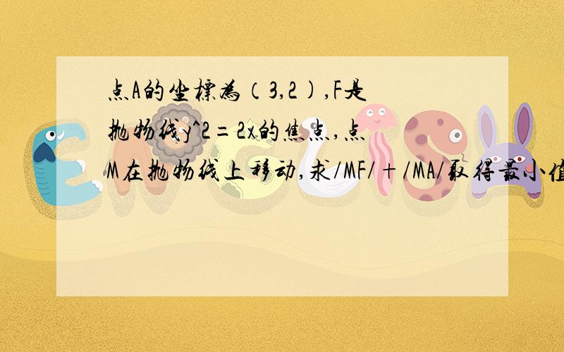 点A的坐标为（3,2),F是抛物线y^2=2x的焦点,点M在抛物线上移动,求/MF/+/MA/取得最小值和M的坐标