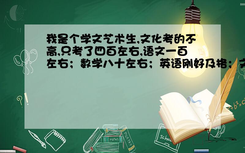 我是个学文艺术生,文化考的不高,只考了四百左右,语文一百左右；数学八十左右；英语刚好及格；文综才...