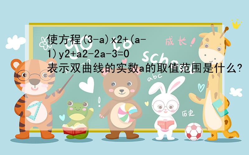 使方程(3-a)x2+(a-1)y2+a2-2a-3=0表示双曲线的实数a的取值范围是什么?