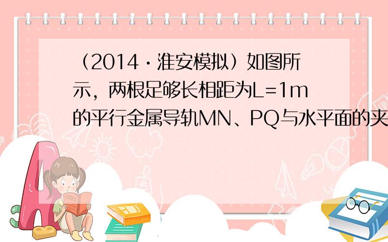 （2014•淮安模拟）如图所示，两根足够长相距为L=1m的平行金属导轨MN、PQ与水平面的夹角α=53°，导轨处在竖直向