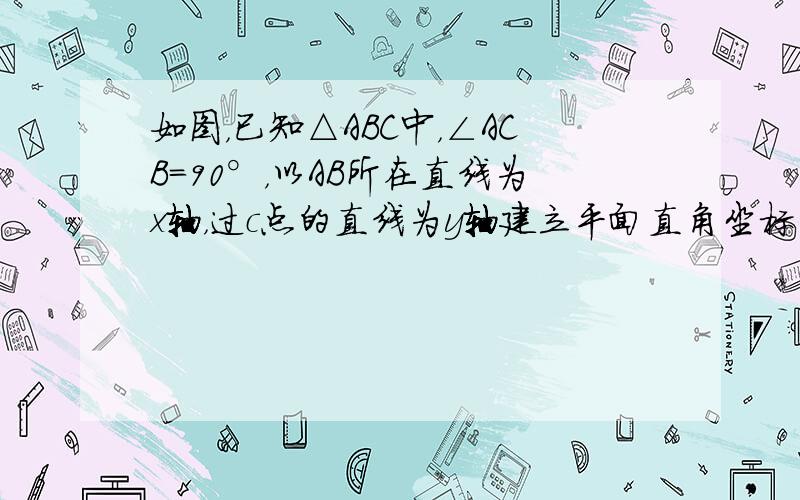 如图，已知△ABC中，∠ACB=90°，以AB所在直线为x轴，过c点的直线为y轴建立平面直角坐标系．此时，A点坐标为（-