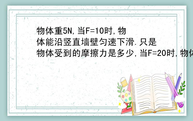 物体重5N,当F=10时,物体能沿竖直墙壁匀速下滑.只是物体受到的摩擦力是多少,当F=20时,物体在墙上静止不动