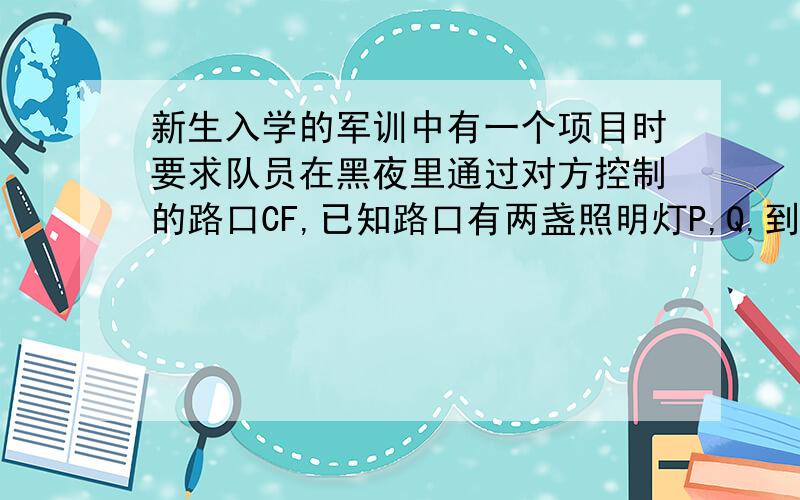 新生入学的军训中有一个项目时要求队员在黑夜里通过对方控制的路口CF,已知路口有两盏照明灯P,Q,到行进路线MN的距离都为