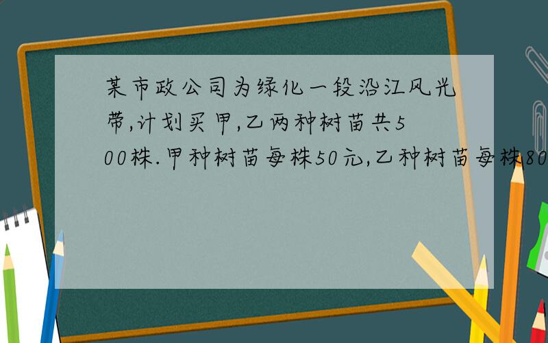 某市政公司为绿化一段沿江风光带,计划买甲,乙两种树苗共500株.甲种树苗每株50元,乙种树苗每株80元,有