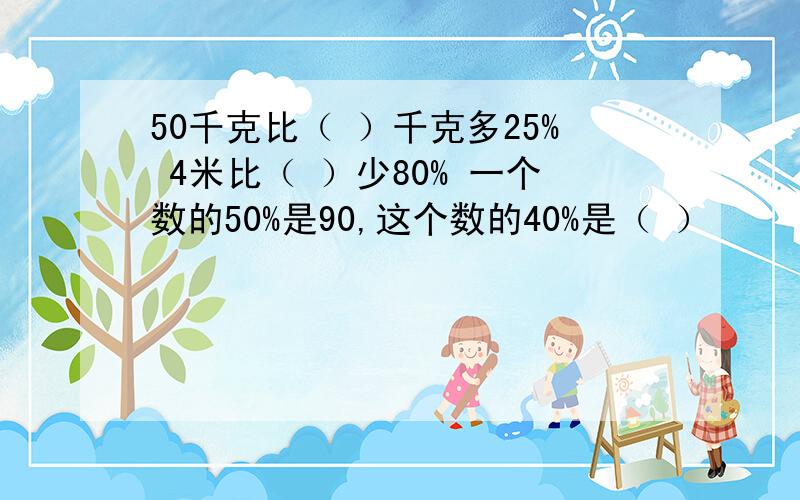 50千克比（ ）千克多25% 4米比（ ）少80% 一个数的50%是90,这个数的40%是（ ）