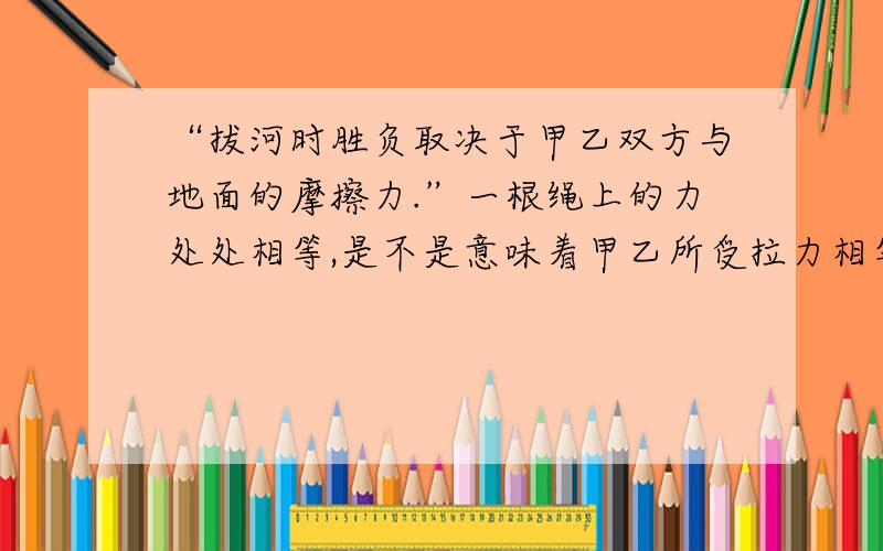 “拔河时胜负取决于甲乙双方与地面的摩擦力.”一根绳上的力处处相等,是不是意味着甲乙所受拉力相等呢