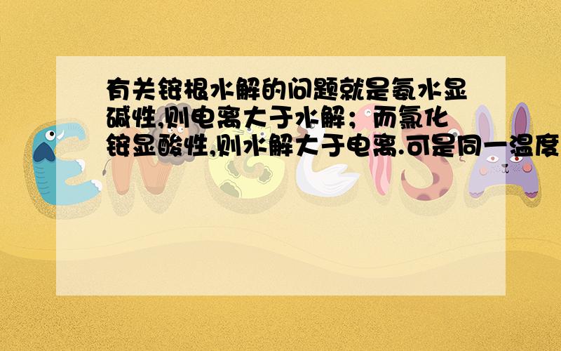 有关铵根水解的问题就是氨水显碱性,则电离大于水解；而氯化铵显酸性,则水解大于电离.可是同一温度下,水解电离程度应该是相等