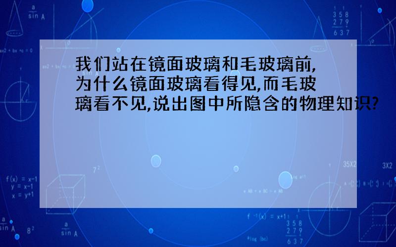 我们站在镜面玻璃和毛玻璃前,为什么镜面玻璃看得见,而毛玻璃看不见,说出图中所隐含的物理知识?