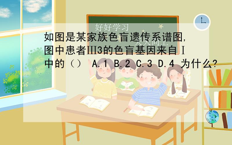 如图是某家族色盲遗传系谱图,图中患者Ⅲ3的色盲基因来自Ⅰ中的（） A.1 B.2 C.3 D.4 为什么?