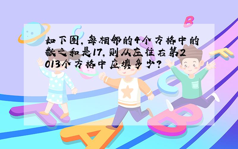 如下图,每相邻的4个方格中的数之和是17,则从左往右第2013个方格中应填多少?