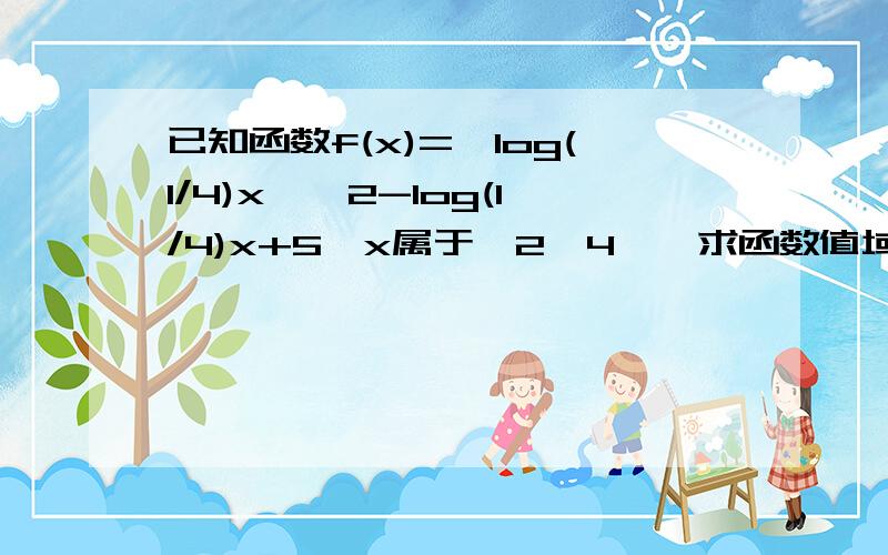 已知函数f(x)={log(1/4)x}^2-log(1/4)x+5,x属于【2,4】,求函数值域.