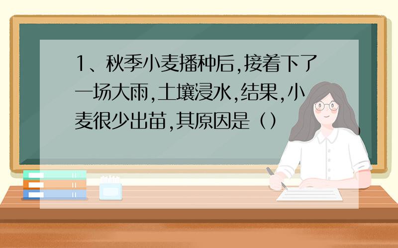 1、秋季小麦播种后,接着下了一场大雨,土壤浸水,结果,小麦很少出苗,其原因是（）